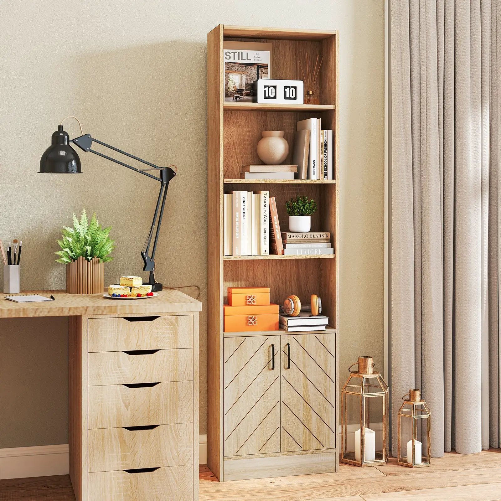 71 Inch 6-Tier Tall Bookshelf with Double Doors 4 Open Cubes-Oak by DirectDeals