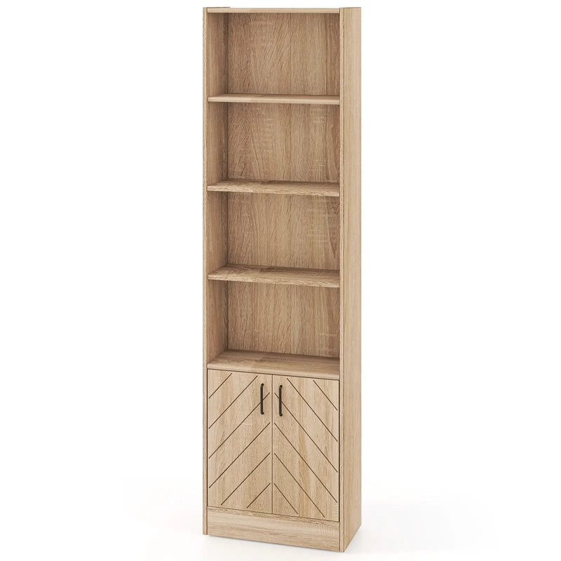 71 Inch 6-Tier Tall Bookshelf with Double Doors 4 Open Cubes-Oak by DirectDeals