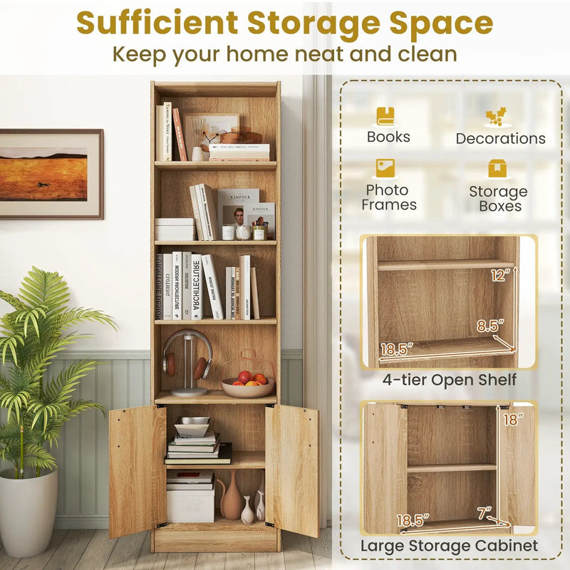 71 Inch 6-Tier Tall Bookshelf with Double Doors 4 Open Cubes-Oak by DirectDeals