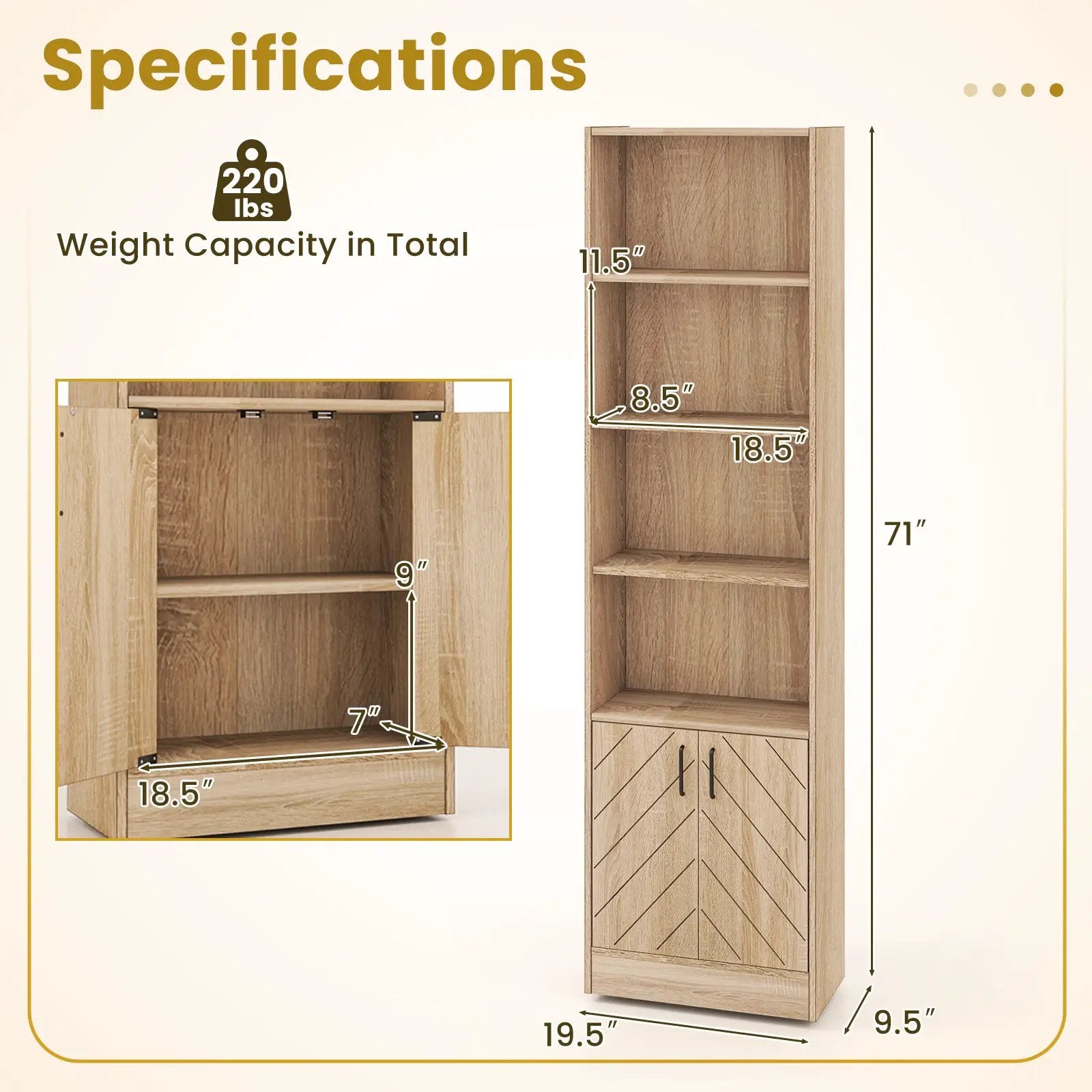 71 Inch 6-Tier Tall Bookshelf with Double Doors 4 Open Cubes-Oak by DirectDeals