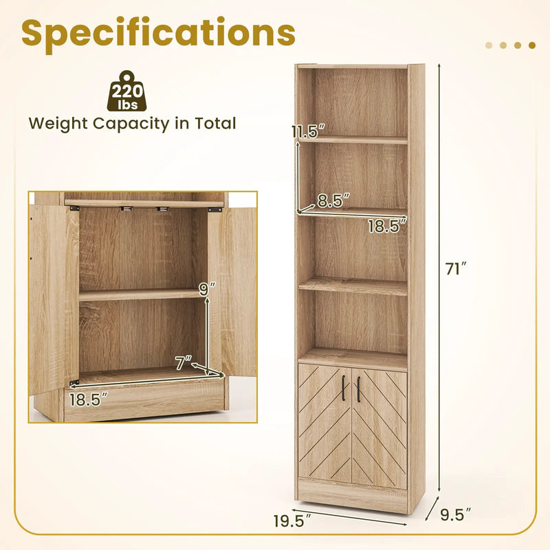71 Inch 6-Tier Tall Bookshelf with Double Doors 4 Open Cubes-Oak by DirectDeals
