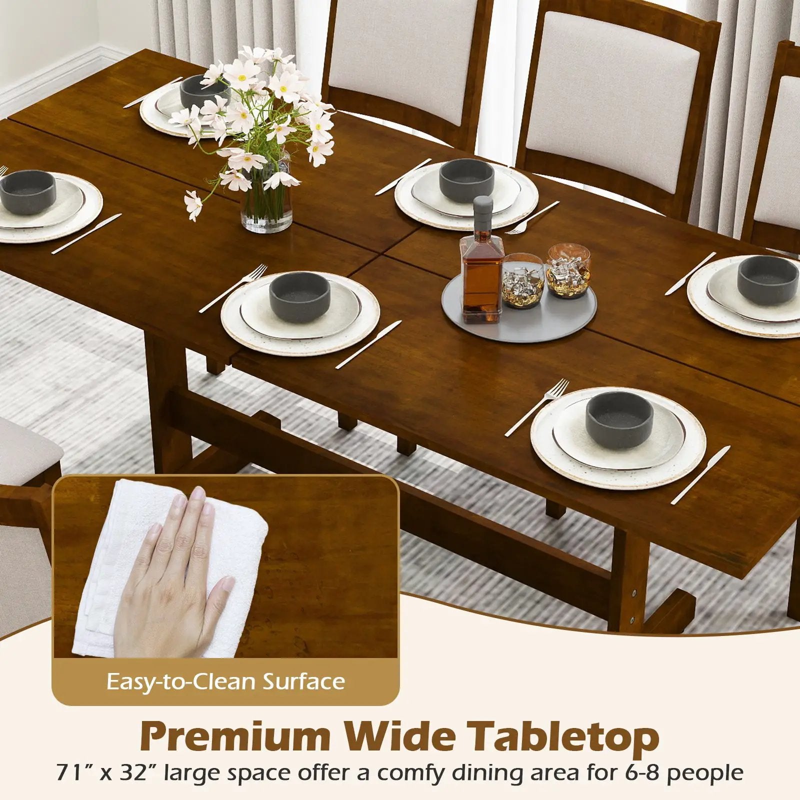 71 Inch Farmhouse Dining Table Wooden Kitchen Table for 6-8 with Rubber Wood Legs-Walnut by DirectDeals