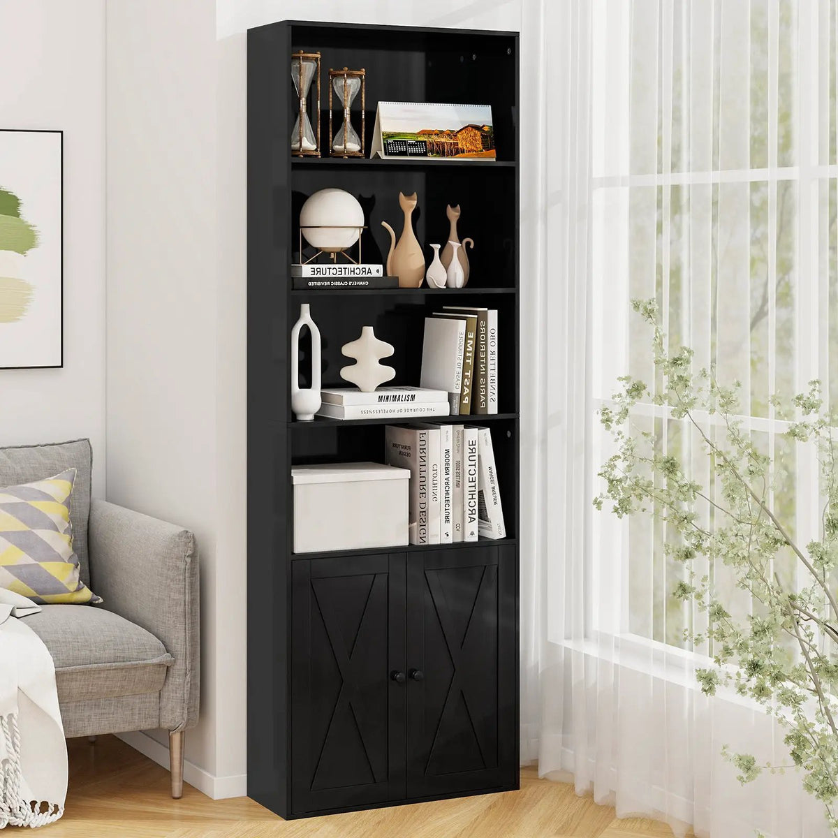 71 Inch Freestanding Bookshelf with 6 Shelves and 2-Door Cabinet, photo 2 of 9