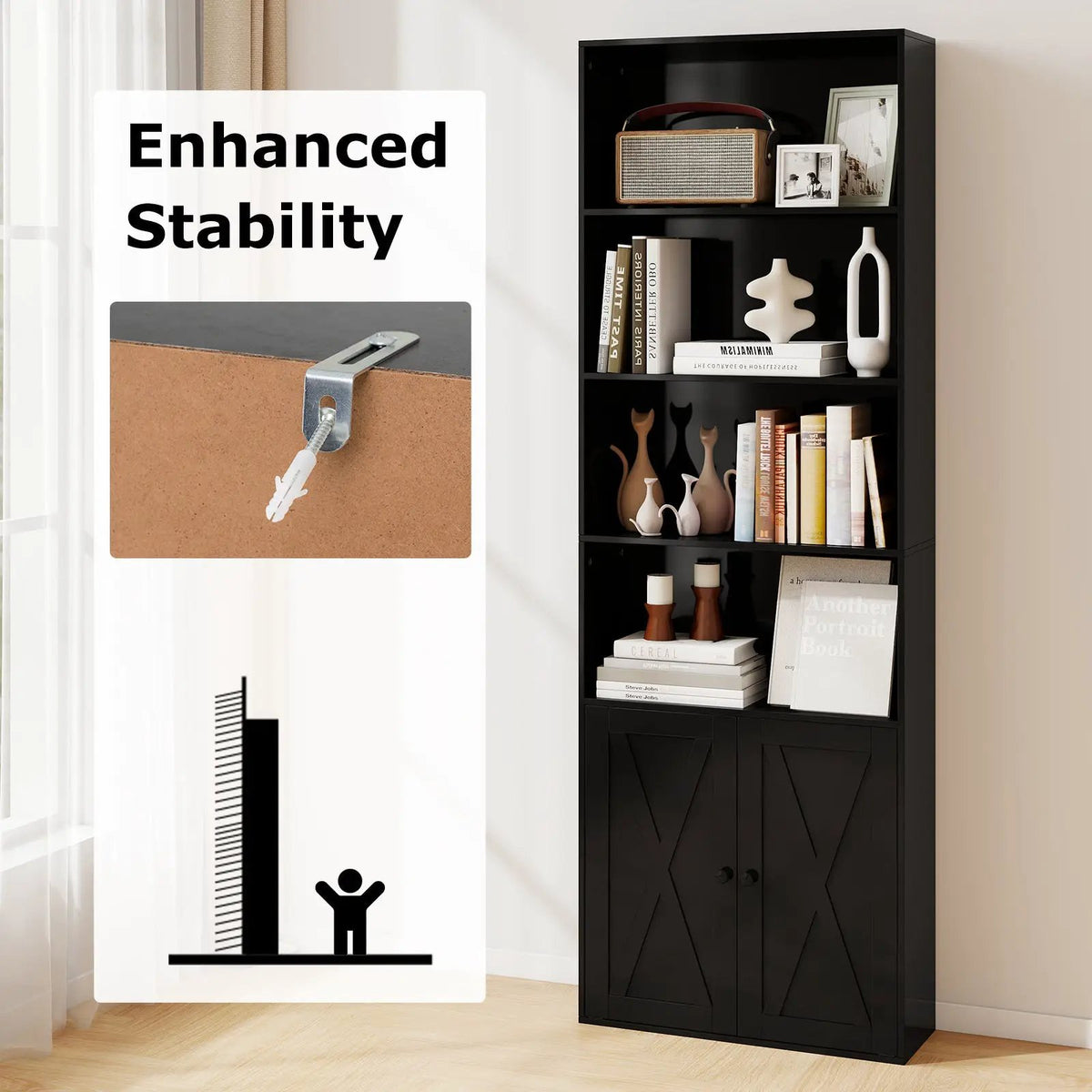 71 Inch Freestanding Bookshelf with 6 Shelves and 2-Door Cabinet, photo 7 of 9