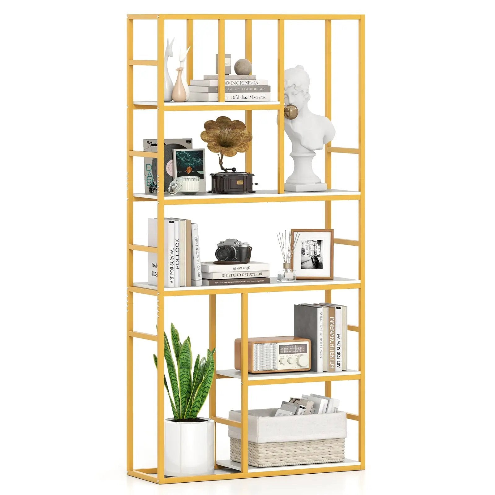 71 Inch Tall Bookshelf Metal Frame 5-Tier Geometric Bookcase-White & Golden by DirectDeals