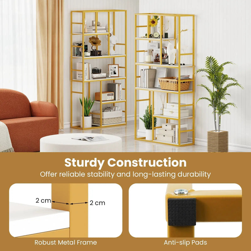 71 Inch Tall Bookshelf Metal Frame 5-Tier Geometric Bookcase-White & Golden by DirectDeals