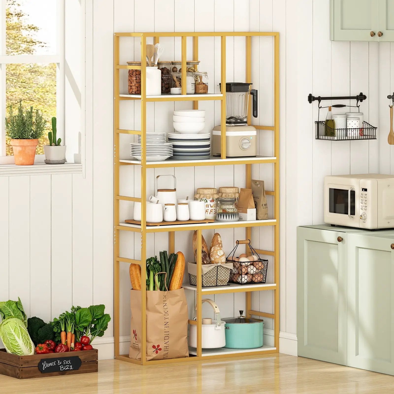 71 Inch Tall Bookshelf Metal Frame 5-Tier Geometric Bookcase-White & Golden by DirectDeals