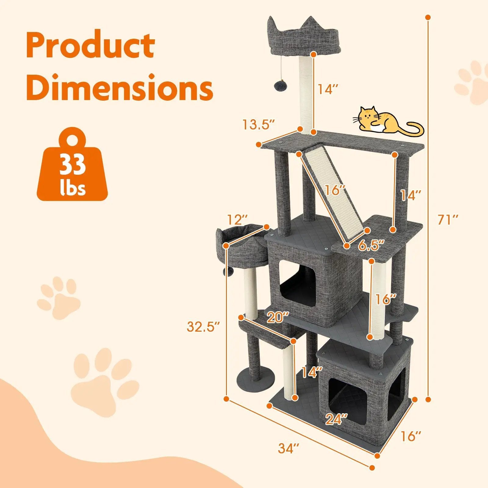71 Inch Tall Cat Tree Multi-Level Large Cat Tower with Scratching Posts-Grey by DirectDeals