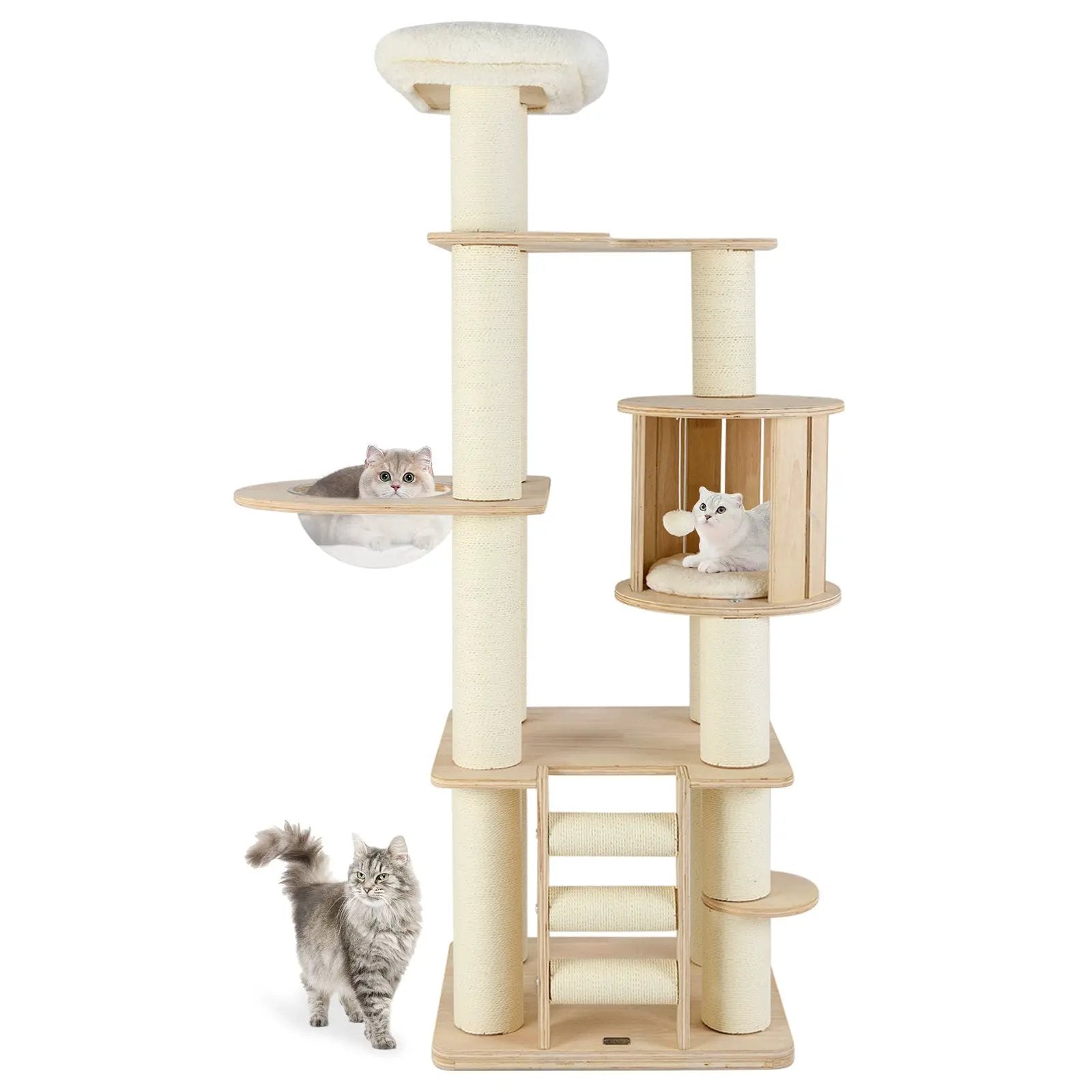 71 Inch Tall Cat Tree Wooden Cat Tower with Cozy Perch Condo Space Capsule-Natural by DirectDeals