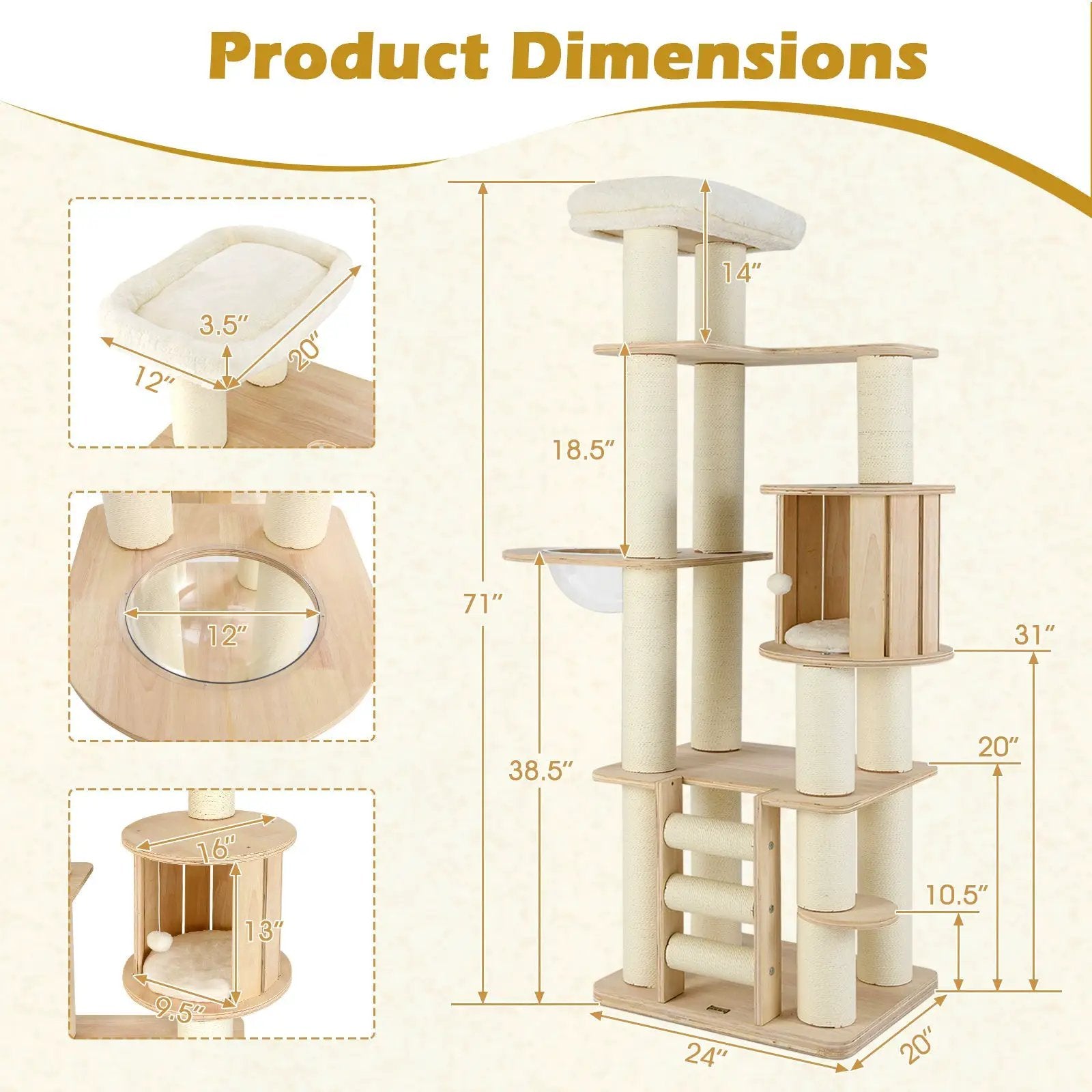 71 Inch Tall Cat Tree Wooden Cat Tower with Cozy Perch Condo Space Capsule-Natural by DirectDeals