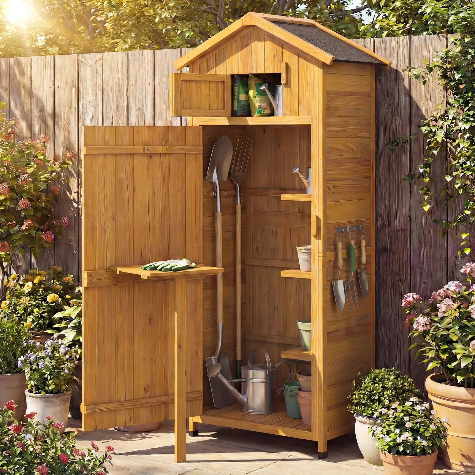 70 Inch Tall Garden Tool Storage Cabinet with Lockable Doors and Foldable Table by DirectDeals