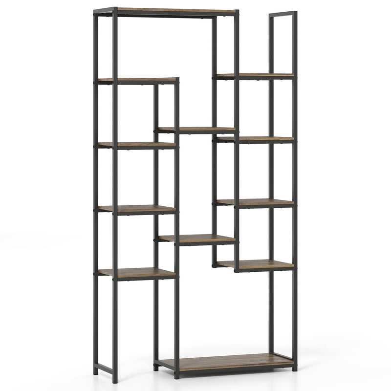 71 Inch Tall Vintage Geometric Bookshelf 12 Open Shelves-Walnut by DirectDeals