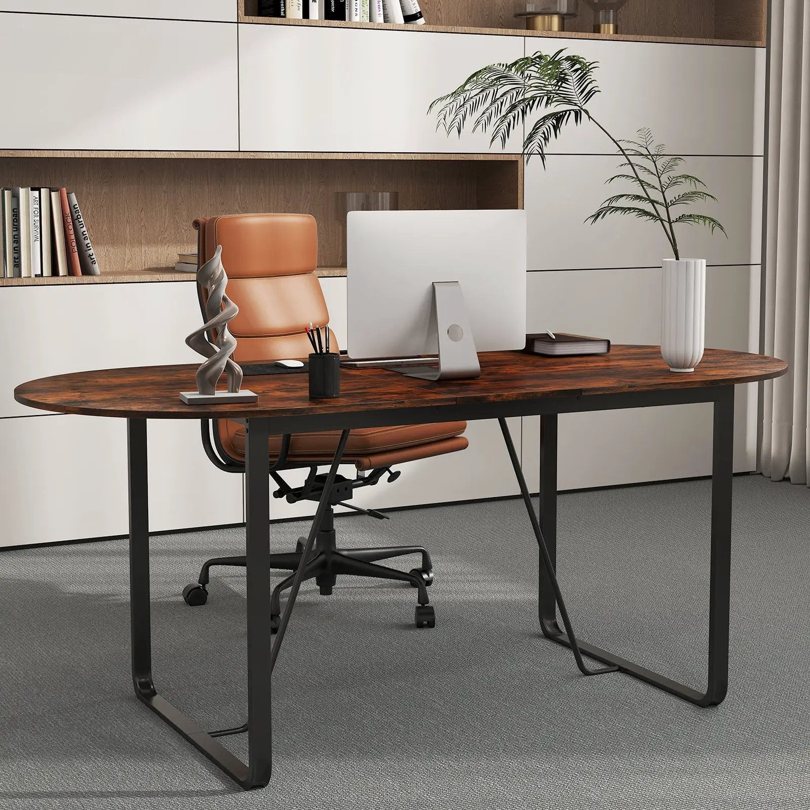71 Inches Executive Table Oval Home Office Table with Cable Management Hole-Rustic Brown by DirectDeals
