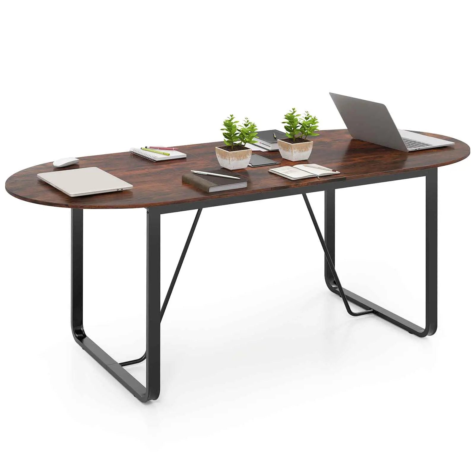 71 Inches Executive Table Oval Home Office Table with Cable Management Hole-Rustic Brown by DirectDeals
