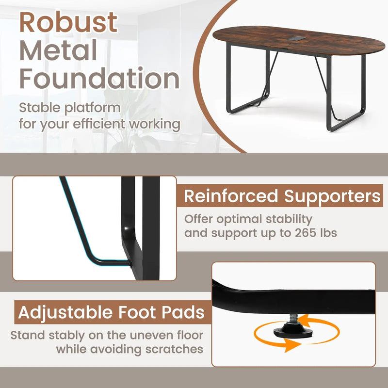 71 Inches Executive Table Oval Home Office Table with Cable Management Hole-Rustic Brown by DirectDeals