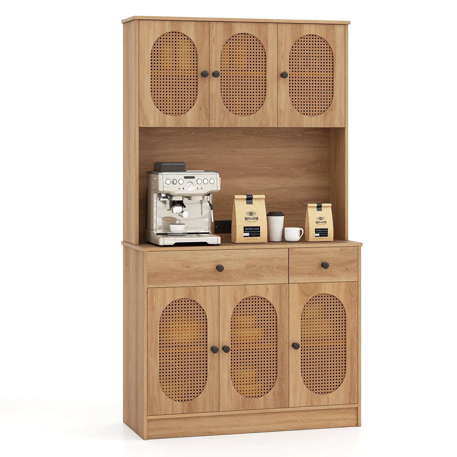 71 Inches Pantry Cabinet with Hutch and Charging Station-Natural by DirectDeals