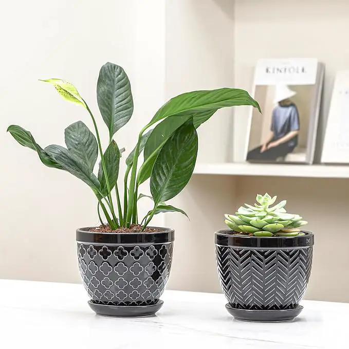 Sureasy Ceramic Indoor Plant Pots - 5.6 Inch Flower Pots for Plants with Drainage Hole and Saucer, Embossed Planter for Succulents, Orchid, Cactus, Indoor Home Decor, Set of 4, Black by GreenHaven Gardens
