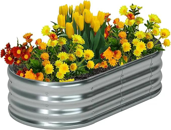 zizin Galvanized Raised Garden Bed Metal Oval Raised Garden Beds Outdoor Planter Box for Vegetables (4x2x1.3FT, Silver) by GreenHaven Gardens
