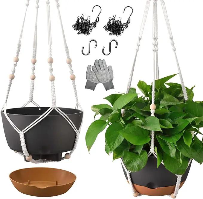 10 Inch Hanging Planters for Indoor Plants,Set of 2 Hanging Pots for Plants with Self-Watering, Outdoor Hanging Plant Pot with Drainage and 2 Kinds of Hanging Baskets Hangers for Home Decor and Garden by GreenHaven Gardens