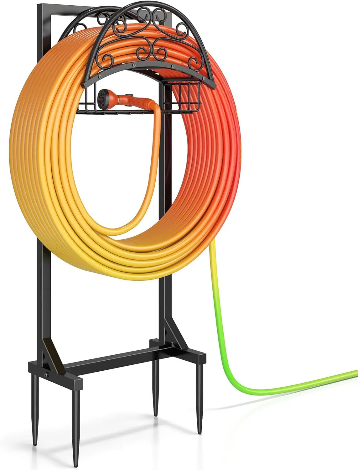Garden Hose Holder – Freestanding Water Hose Holder with Storage Basket, Sturdy Metal Hose Stand and Hanger, Heavy-Duty Garden Hoses Storage Rack for Outside, Supports 151FT by GreenHaven Gardens