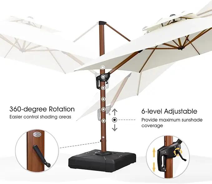 PURPLE LEAF 10' X 13' Double Top Deluxe Wood Pattern Rectangle Patio Umbrella with Base Offset Hanging Umbrella Outdoor Market Umbrella Garden Umbrella, Cream by GreenHaven Gardens