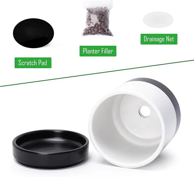 D'vine Dev 4.6 Inch Ceramic Planter Pot with Drainage Hole and Saucer, Indoor Cylinder Round Planter Pot, Layered Monochrome Black & White, 94-O-B-L by GreenHaven Gardens