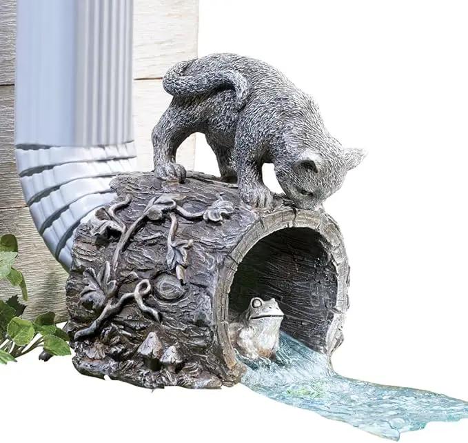 Collections Etc Curious Kitty Cat and Frog Gutter Downspout, Hand-Painted, Hollow Tree Stump Design, Grey by GreenHaven Gardens