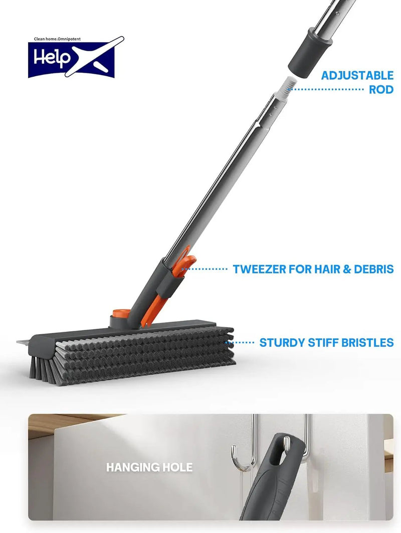 Floor Scrub Brush with Long Handle, 3 in 1 Multi-angle Swivel Right Angled Bristle Floor Scrubber Brush with Squeegee and Tweezer for Cleaning Tile Wall Deck Bathroom Patio Garage Kitchen (Grey) by GreenHaven Gardens