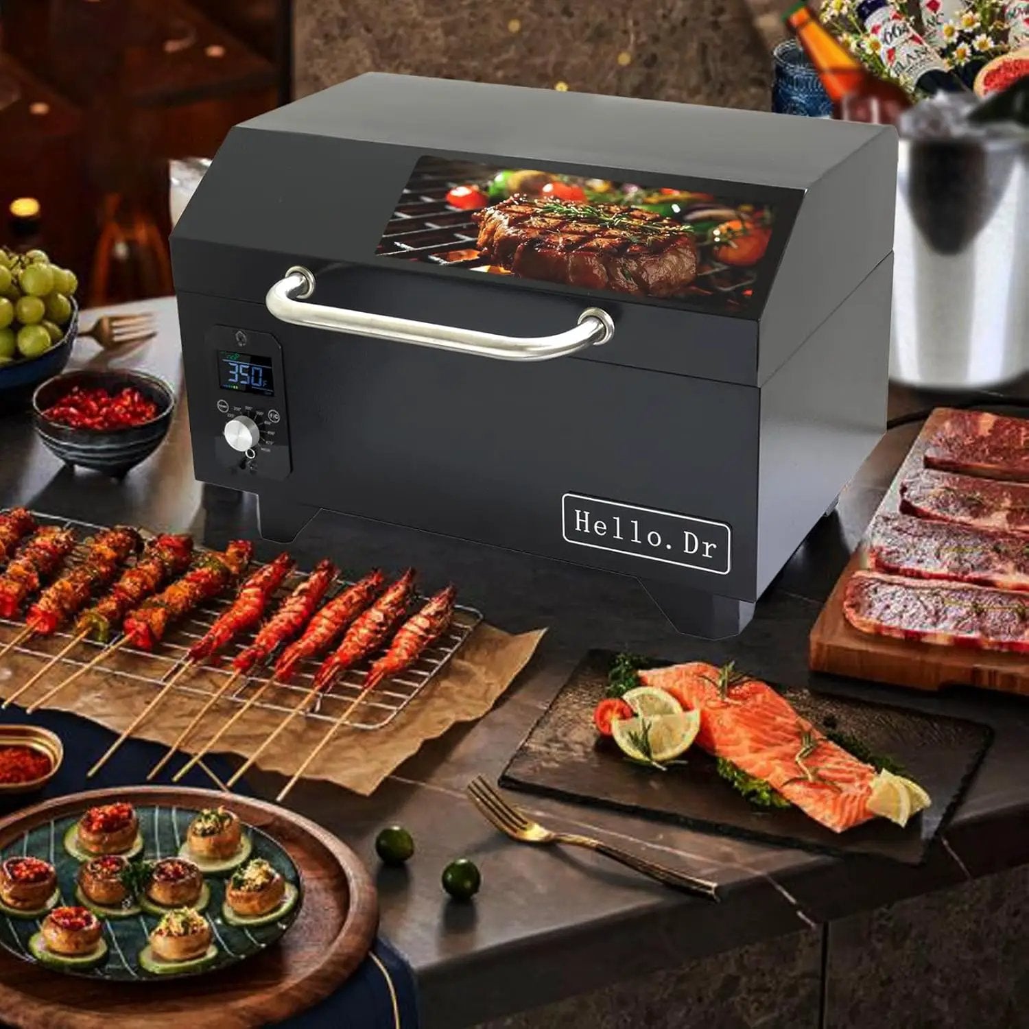 Portable Wood Pellet Grills 900°F，Smoker with Viewing Window – 8-in-1 BBQ, Digital Control, LED Screen, Temperature Control, Meat Probe，Bake and Roast, Ideal for Camping, RV, Beach Backyard by GreenHaven Gardens