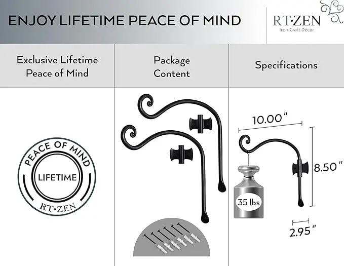 RTZEN Plant Hangers Outdoor or Indoor - Wrought Iron Metal Hanger Indoor Hook - Heavy Duty Wall Bracket Hooks for Hanging Plants Baskets Lanterns Wind Chimes - 2 Pack (Black Axe-Shape Hooks) by GreenHaven Gardens