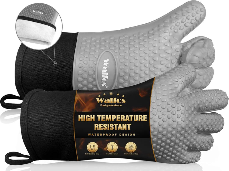 Walfos Silicone BBQ Gloves - Heat Resistant Grilling Gloves, Premium Non-Slip Kitchen Silicone Oven Mitt with Protective Cotton Layer Inside, Waterproof, Great for Grilling, Kitchen and Cooking, Gray by GreenHaven Gardens