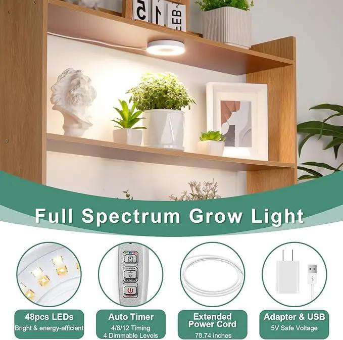 LORDEM Grow Light for Indoor Plants, 48 LEDs Ceiling Full Spectrum Plant Light, 5V Corded Growing Lamp with 4/8/12H Auto Switch, 4 Dimmable Brightness Levels, Ideal for Small Plants by GreenHaven Gardens