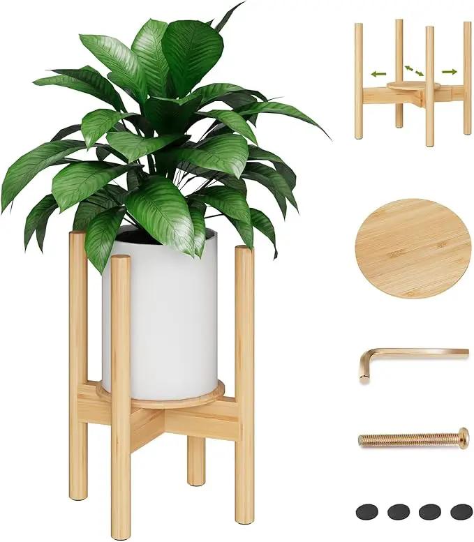 Adjustable Plant Stand, Bamboo Plant Stand Indoor with Tray, Wood Plant Stand for 8 to 12 inches Flower Pots, Single Mid Century Modern Plant Stand for Indoor Plants, Natural by GreenHaven Gardens