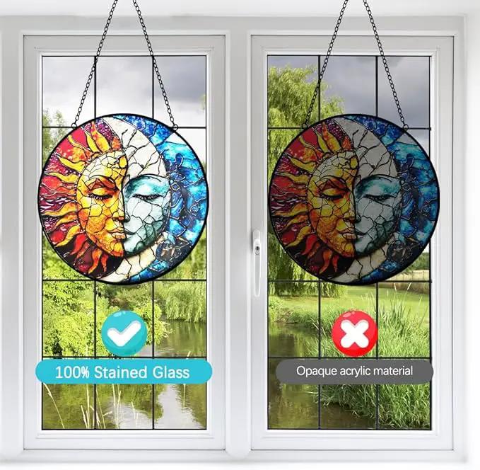 Sun and Moon Decor Stained Glass Window Hanging Suncatchers - Sun Catchers Indoor Window Christmas Decorations - Stained Glass Suncatcher with Hooks and Chain - Celestial Decor Gift for Men Women by GreenHaven Gardens