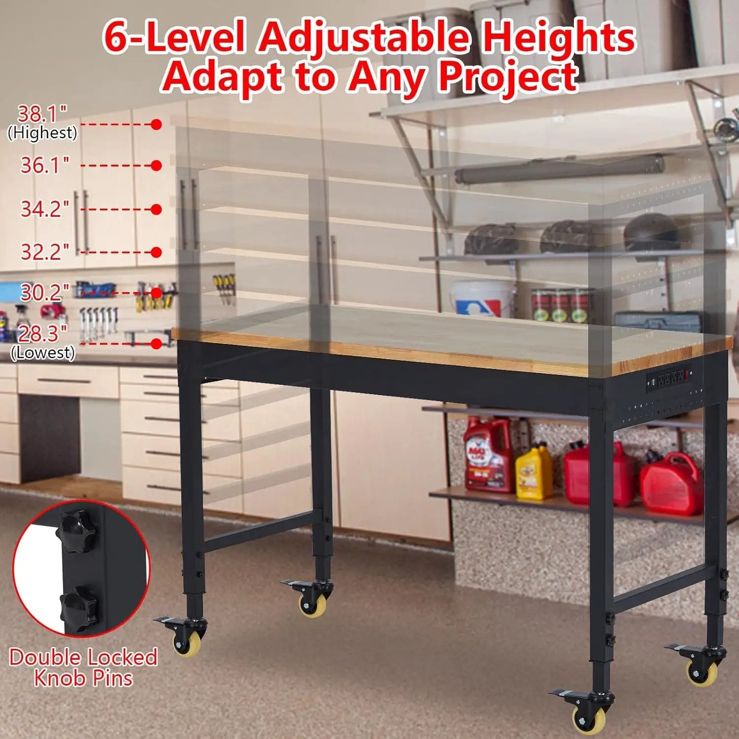 72" x 25" Heavy-Duty Adjustable Workbench with Power Outlets - 2000LB Capacity Garage Workbench, Rubberwood Top, Locking Wheels, Mobile Workstation for Workshop, Office & Home by GreenHaven Gardens