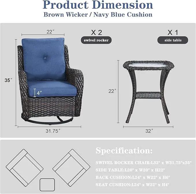 Outdoor Swivel Rcoker Patio Chair - 3 Pieces Wicker Swivel Glider Chairs with Side Table, Patio Furniture Set for Porch Deck Balcony Garden by GreenHaven Gardens