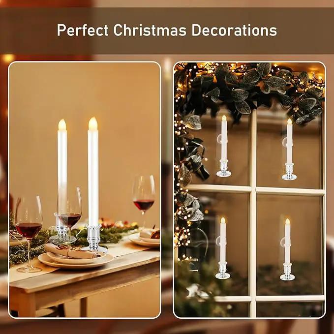 8 Pack Christmas Window Candles, Battery Operated with Timer Remote, LED with Candle Holders Suction Cups, Flickering for Christmas Decorations, Silver by GreenHaven Gardens
