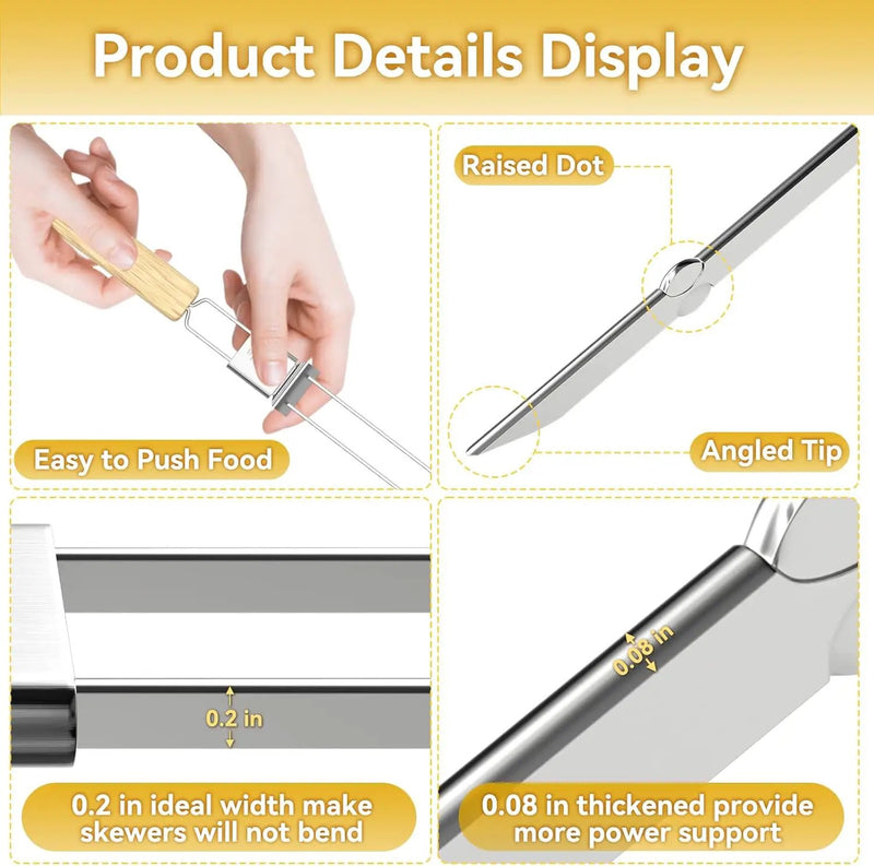 Skewers for Grilling, 17" (10 Pcs) Wooden Handle Double Pronged Stainless Steel Flat Kabob Skewers with Push Bar, Reusable Long Metal Skewer Sticks for Meat Chicken Vegetable, BBQ Accessories by GreenHaven Gardens