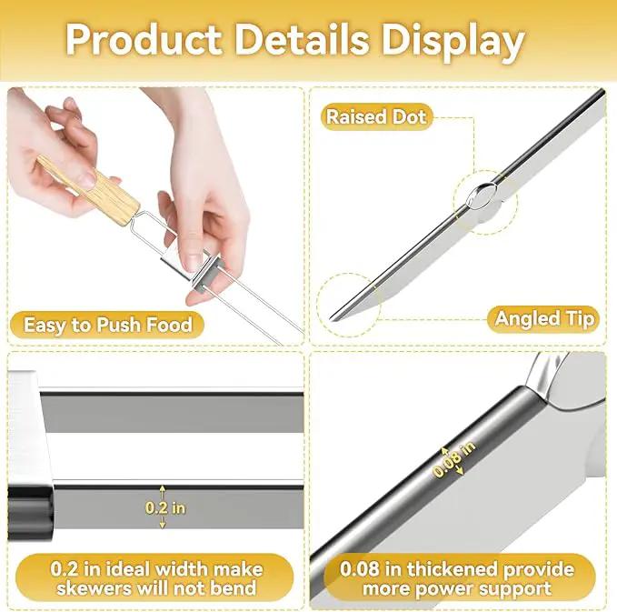Skewers for Grilling, 17" (6 Pcs) Wooden Handle Double Pronged Stainless Steel Flat Kabob Skewers with Push Bar, Reusable Long Metal Skewer Sticks for Meat Chicken Vegetable, BBQ Accessories by GreenHaven Gardens