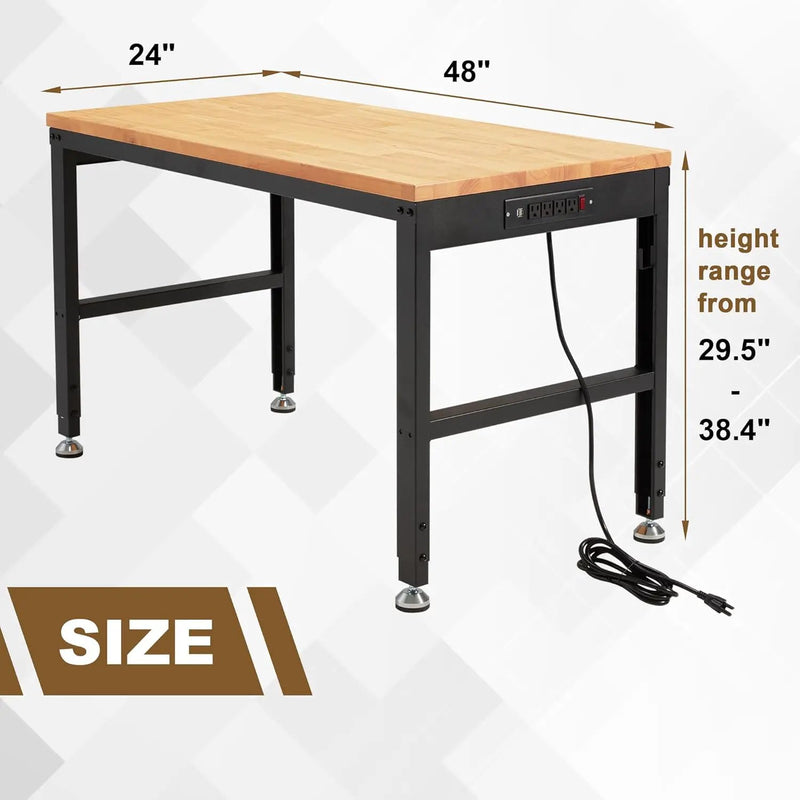 HABUTWAY Height Adjustable Workbench 48"x 24" 2000 Lbs Capacity Solid Wood Work Station Heavy-Duty Work Tables with Power Outlets for Garage Party Shop Office by GreenHaven Gardens