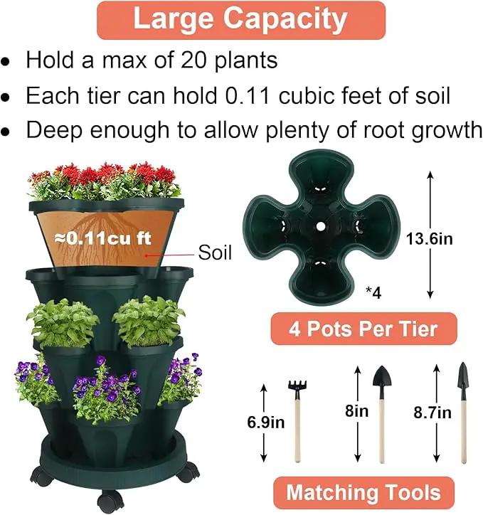 Vertical Planter 4 Tier Stackable Planters Garden Planters Strawberry Herb Flower and Vegetable Planter Indoor Outdoor Gardening Pots with Removable Wheels and Tools by GreenHaven Gardens