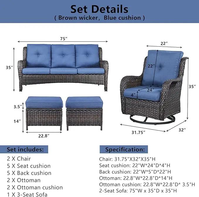 5 Piece Outdoor Patio Furniture Set - Wicker Furniture Patio Conversation Set, Outdoor Swivel Rocker Chairs with 3-Seater Sofa and 2 Ottomans for Small Space, Blue Cushion by GreenHaven Gardens