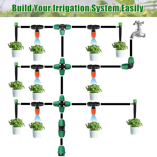 JAYEE 50 Pcs Drip Irrigation Fittings Kit for 1/4 Inch Tubing, Drip Line Parts for Drip Systems - 20 Tee, 12 Coupling, 8 Elbow, 5 Barbed 4-Way Cross, 5 End Closure - Barbed Locked Nuts Connectors by GreenHaven Gardens