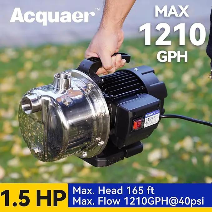 Acquaer 1.5 HP Portable Shallow Well Pump Garden Pump, Stainless Steel, 1210 GPH, 115V Sprinkler Water Transfer Draining Irrigation for Water Removal and Lawn Garden by GreenHaven Gardens