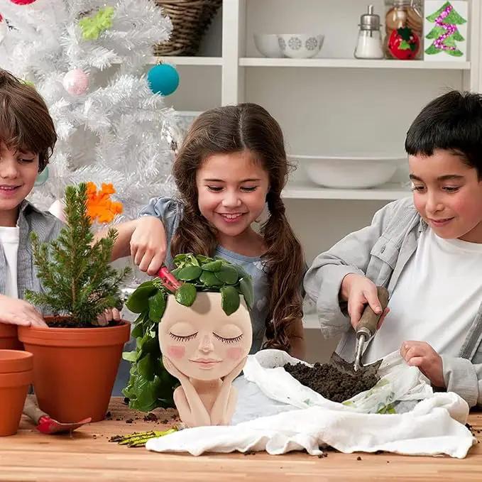Solar-Face Flower Pot Head Planter Pots - LED String Lights Warterproof Resin Succulent Cactus Planters Pots with Drainage Hole Cute Lady Closed Eyes Indoor Outdoor Garden Decor (Large) by GreenHaven Gardens