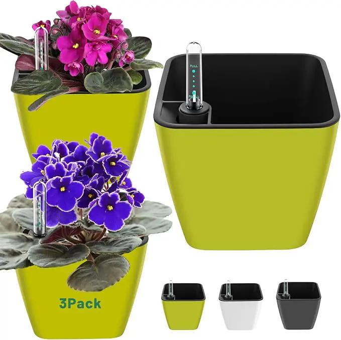 5 inch Self Watering Planters for Indoor Plants 3 Pack Plastic African Violet Self Watering Flower Pots with Water Level Indicator for Herb House Plant Planting by GreenHaven Gardens
