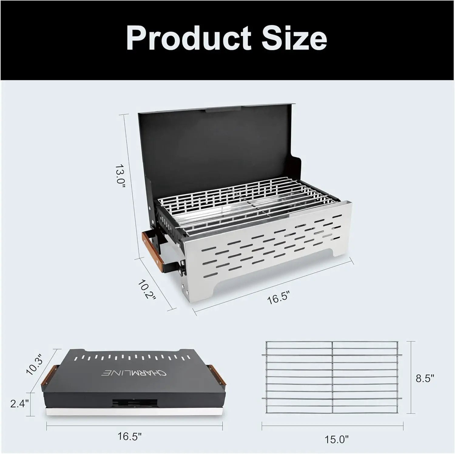 Charmline 19x13in Foldable Portable Grill Charcoal, Compact Grills for Outdoor Use, Desktop Charcoal Grill for Indoor Use, BBQ Grill for Camping, Picnics, Gardens and Beach Parties, Black by GreenHaven Gardens