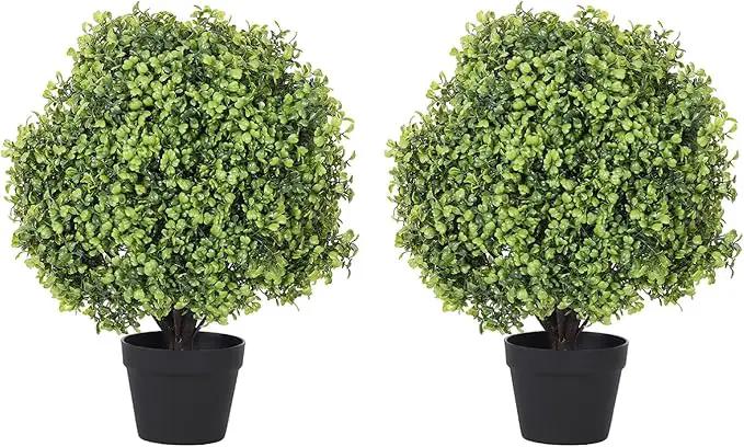 THE BLOOM TIMES 2ft Boxwood Topiary Ball Trees Artificial Outdoor Set of 2, 24" Faux Evergreen Plants Outside UV Resistant Greenery, Fake Potted Bushes and Shrubs for Front Porch Planter Patio Decor by GreenHaven Gardens