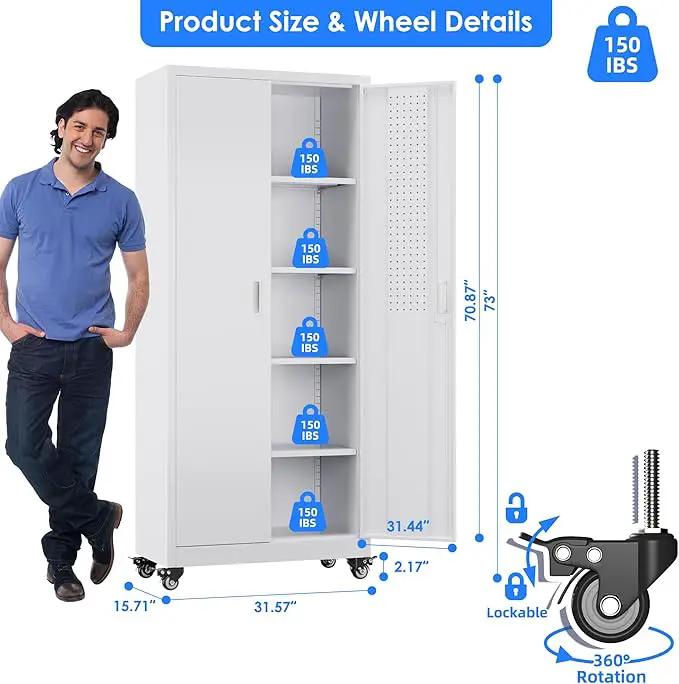 73" H Metal Garage Storage Cabinet with Wheels & Pegboard,Rolling Tool Cabinet with 2 Doors and 4 Shelves for Garage,Home,Office,Warehouse,Workshop, Required-Assembly,White by GreenHaven Gardens