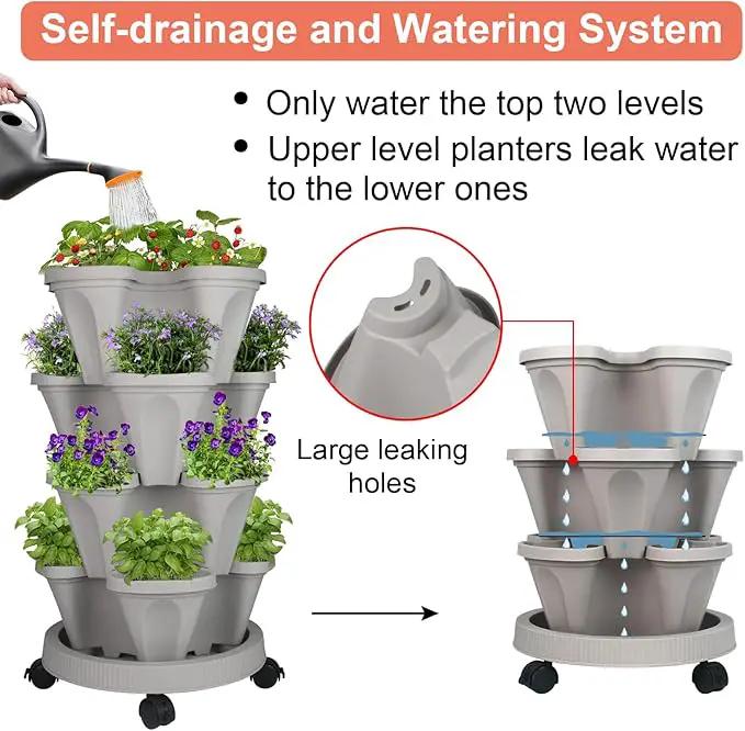 Vertical Planter 4 Tier Stackable Planters Garden Planters Strawberry Herb Flower and Vegetable Planter Indoor Outdoor Gardening Pots with Removable Wheels and Tools by GreenHaven Gardens